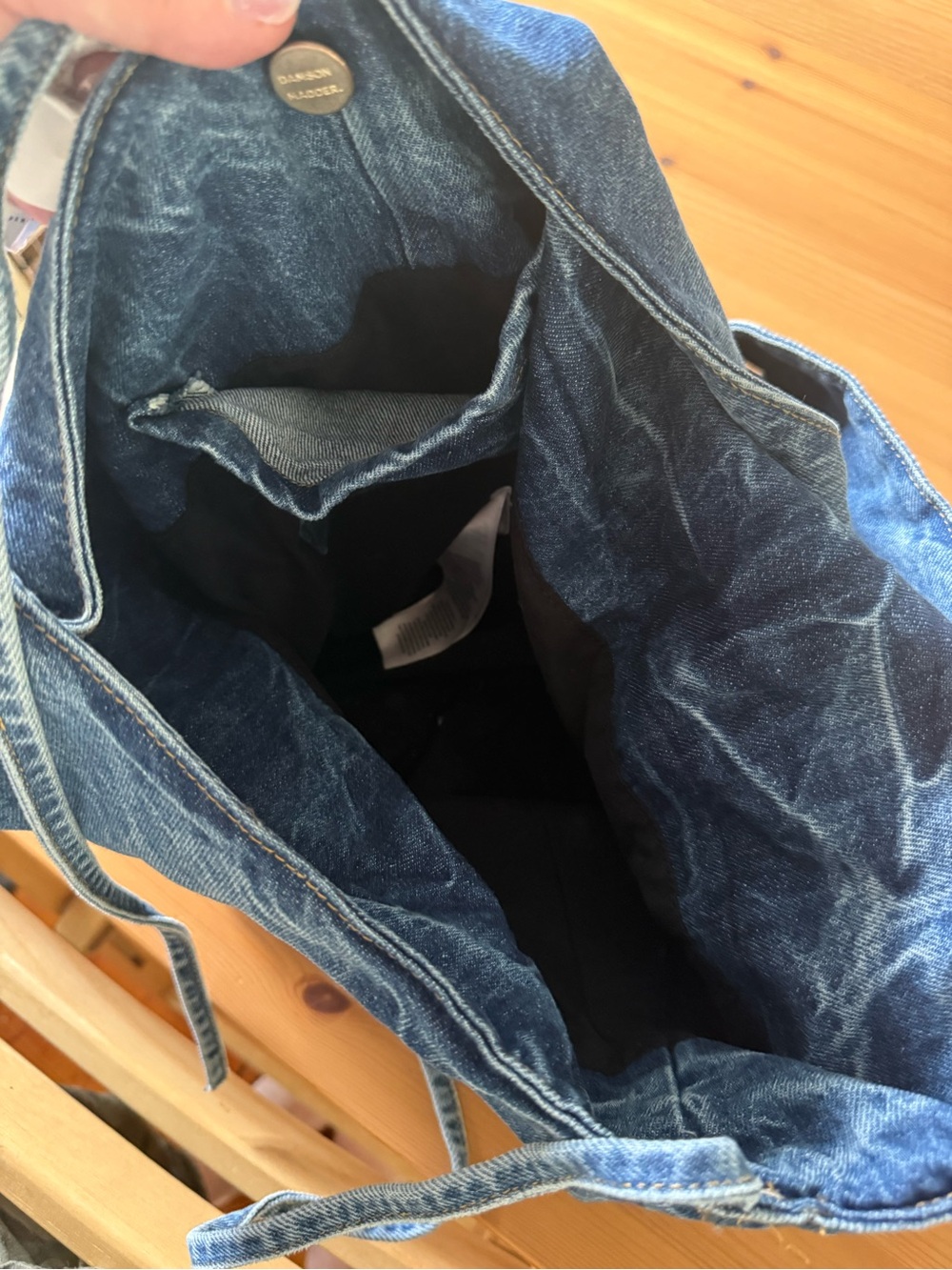 Damson Madder denim tote. Denim Tote Bag with Embroidered 'DM' Monogram - Picture 4 of 5